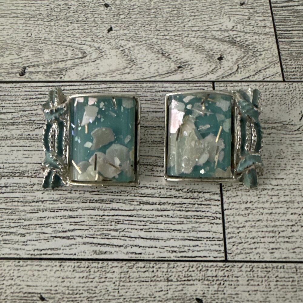 Vintage Clip On Earrings Blue Confetti Lucite Rectangle Silver Tone